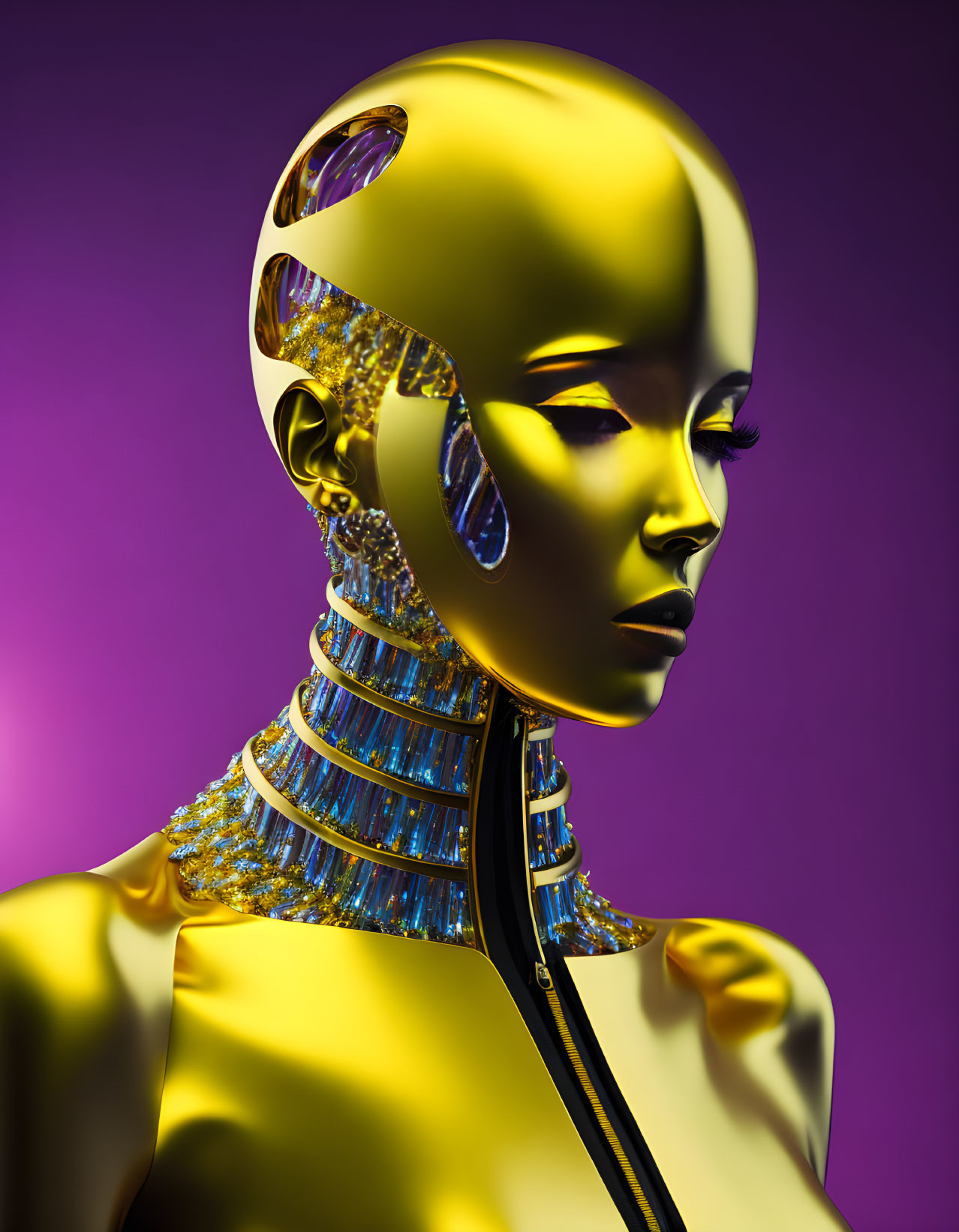 Futuristic yellow female mannequin with cut-out head designs on purple background