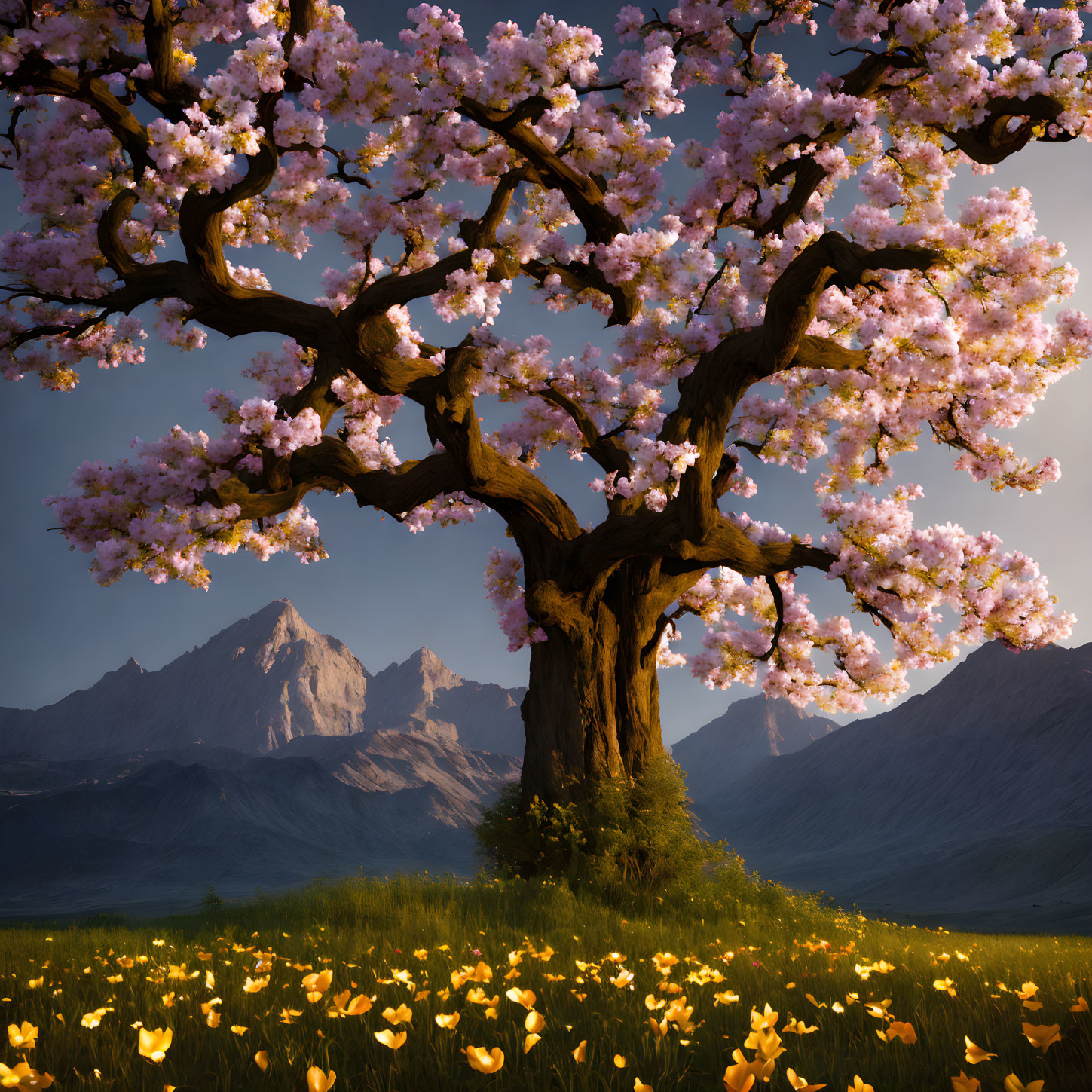 Majestic cherry tree with pink flowers in mountain landscape