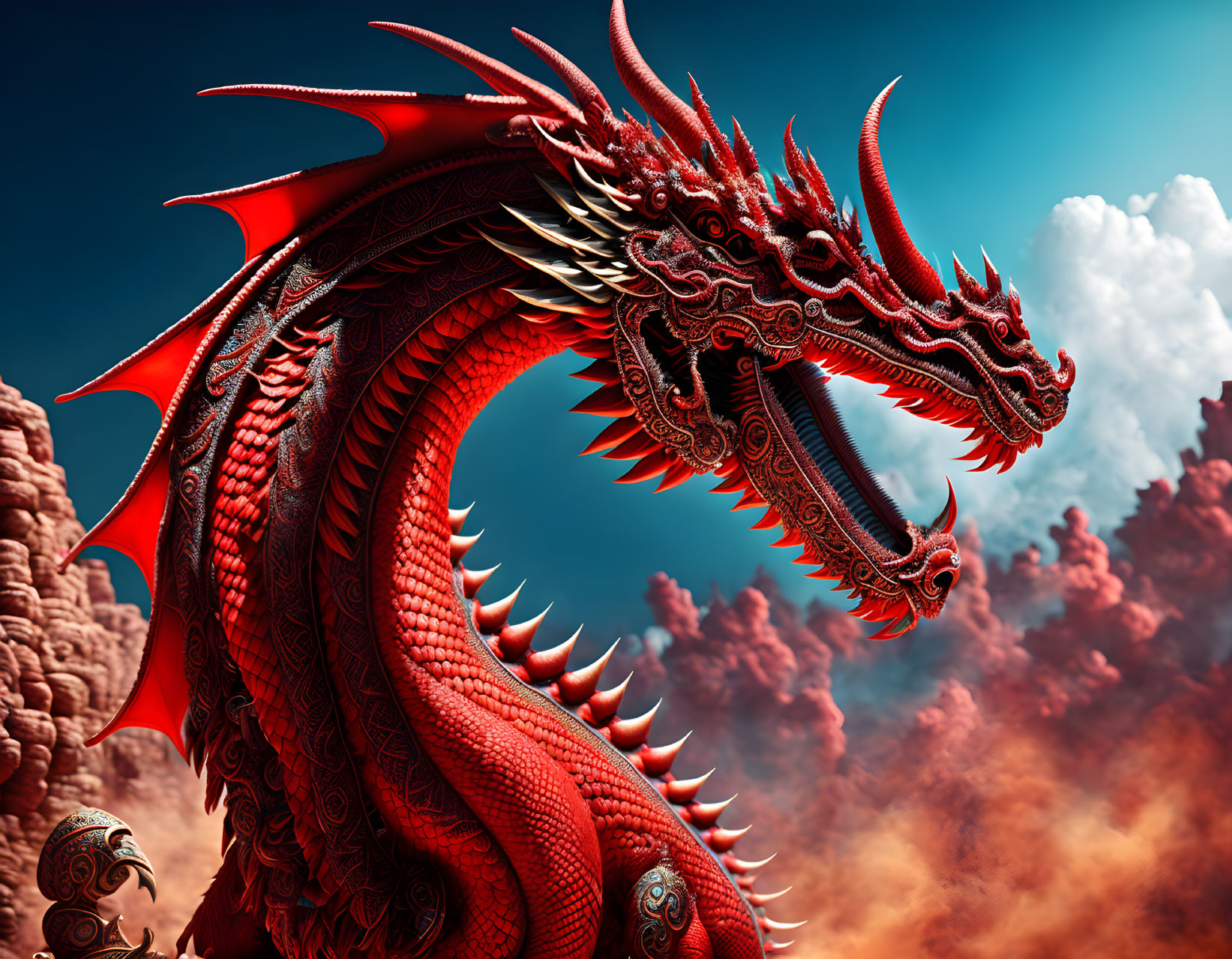 Detailed Red Dragon with Multiple Horns and Elaborate Scales under Blue Sky