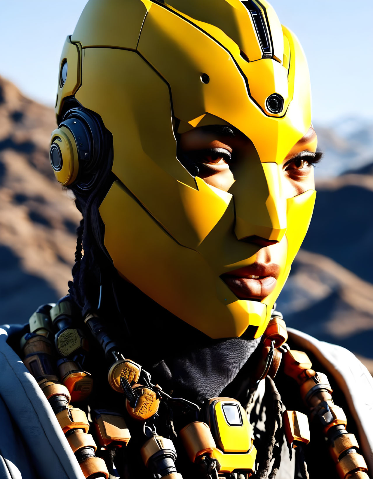 Person in futuristic yellow and black helmet against mountainous backdrop