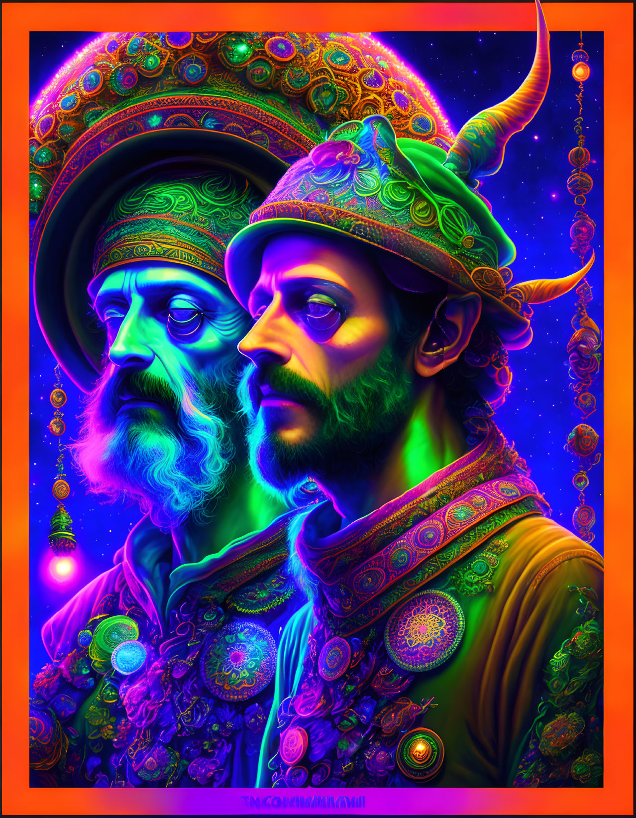 Colorful portrait of two bearded figures in ornate attire with intricate patterns and glowing outlines.