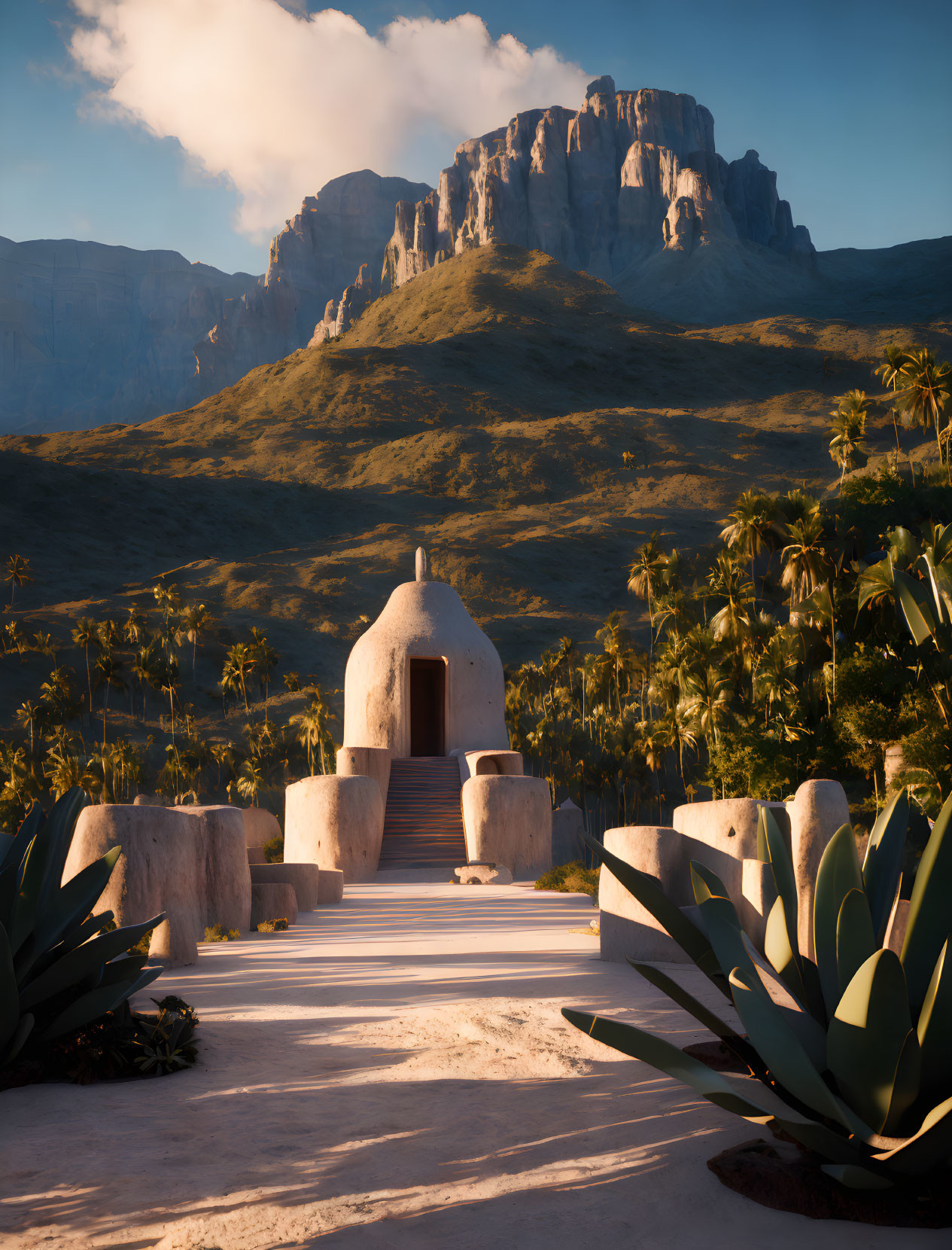 Tranquil desert oasis with adobe house, palm trees, and mountains