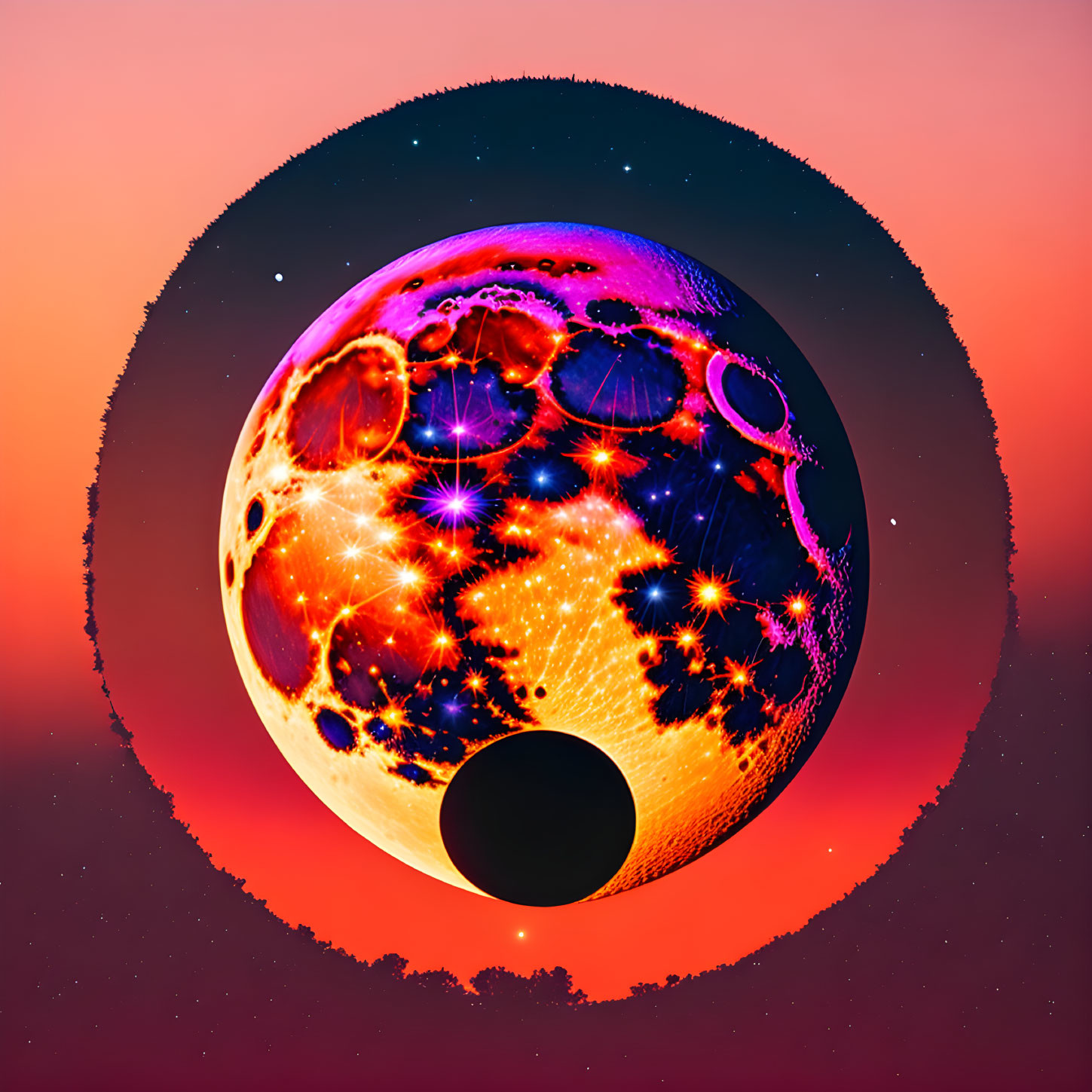 Fiery planet digital artwork with cosmic backdrop