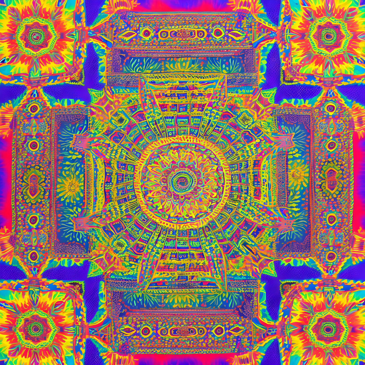 Colorful Psychedelic Mandala Pattern with Symmetrical Neon Motifs