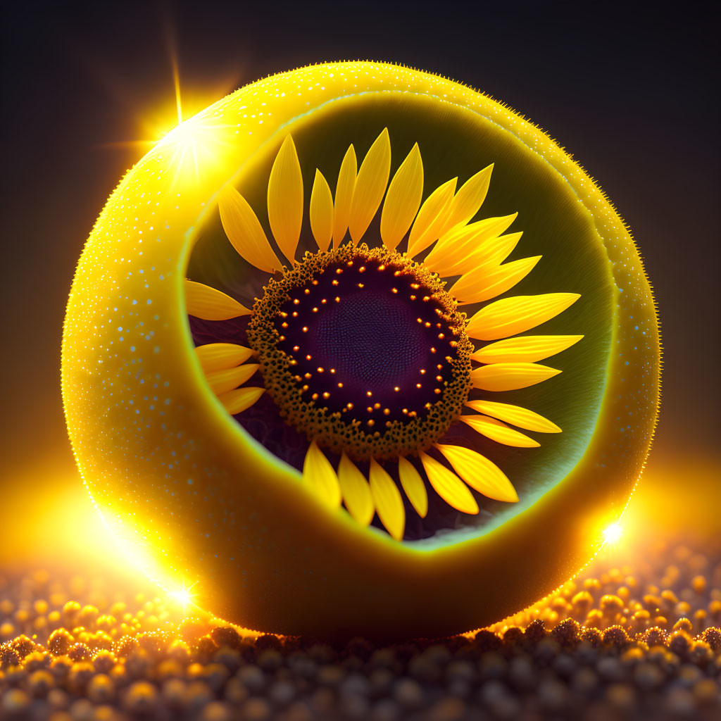 Surreal sunflower in circular frame on sparkling background