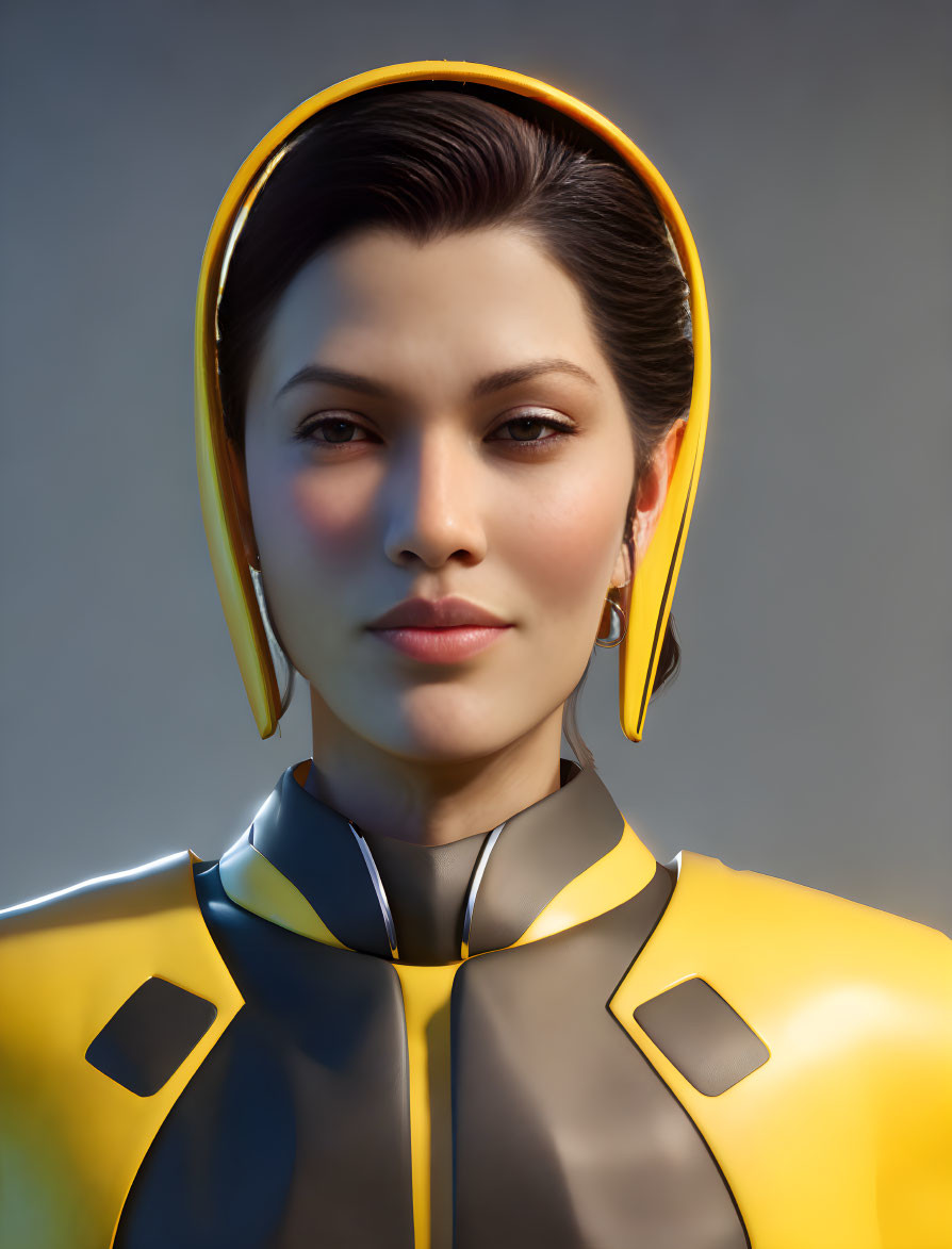 Digital portrait of woman in futuristic attire with yellow and black color scheme