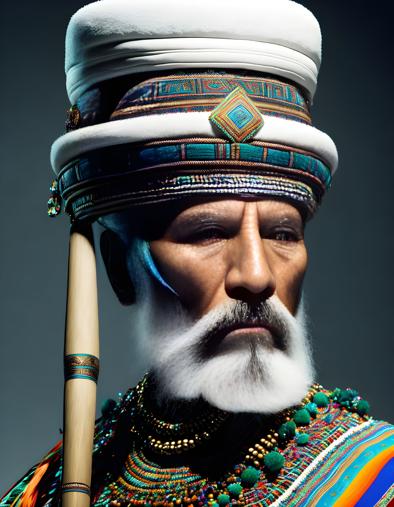 Elderly person with white mustache, ornate turban, colorful attire, holding staff