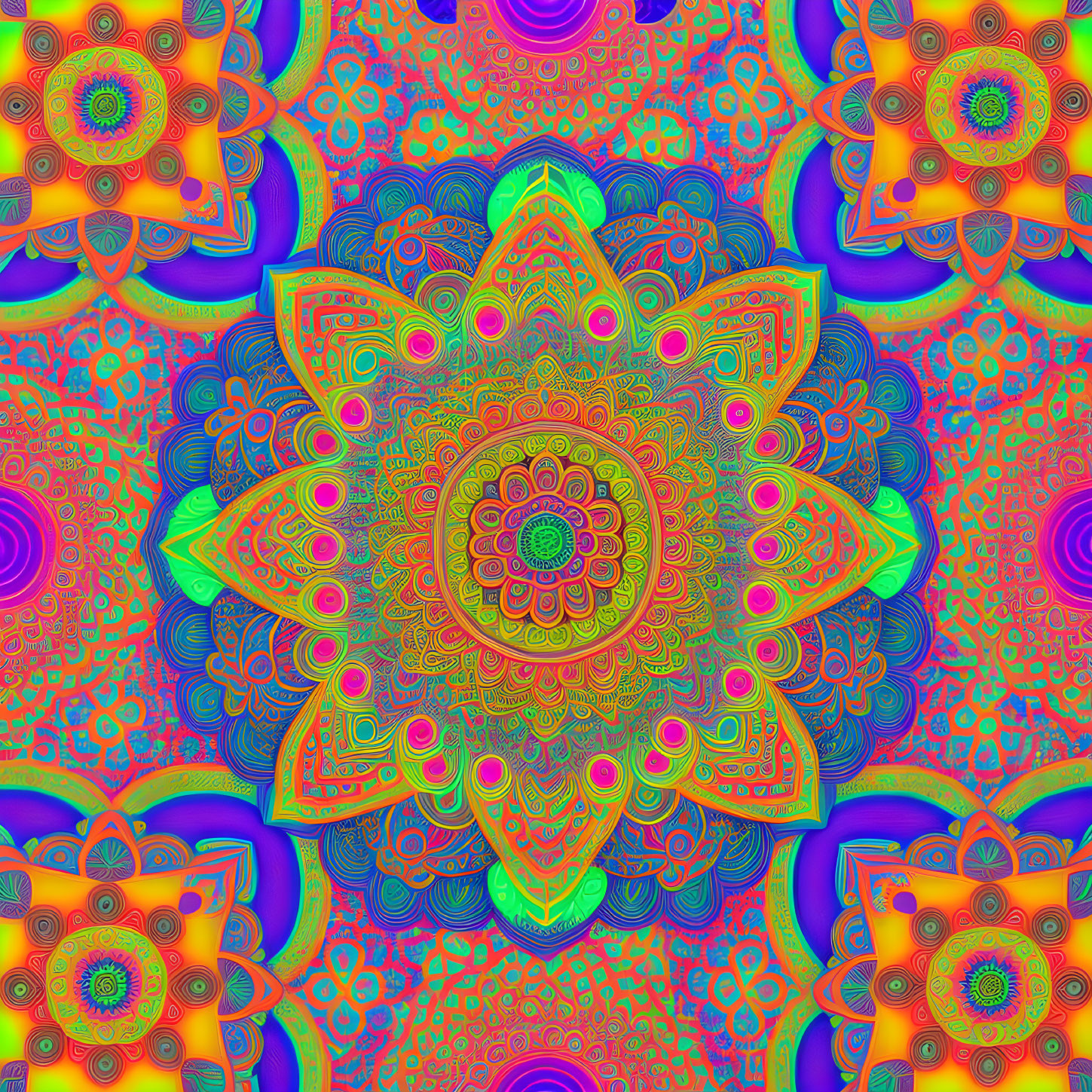 Colorful Psychedelic Mandala Pattern in Orange, Blue, and Green