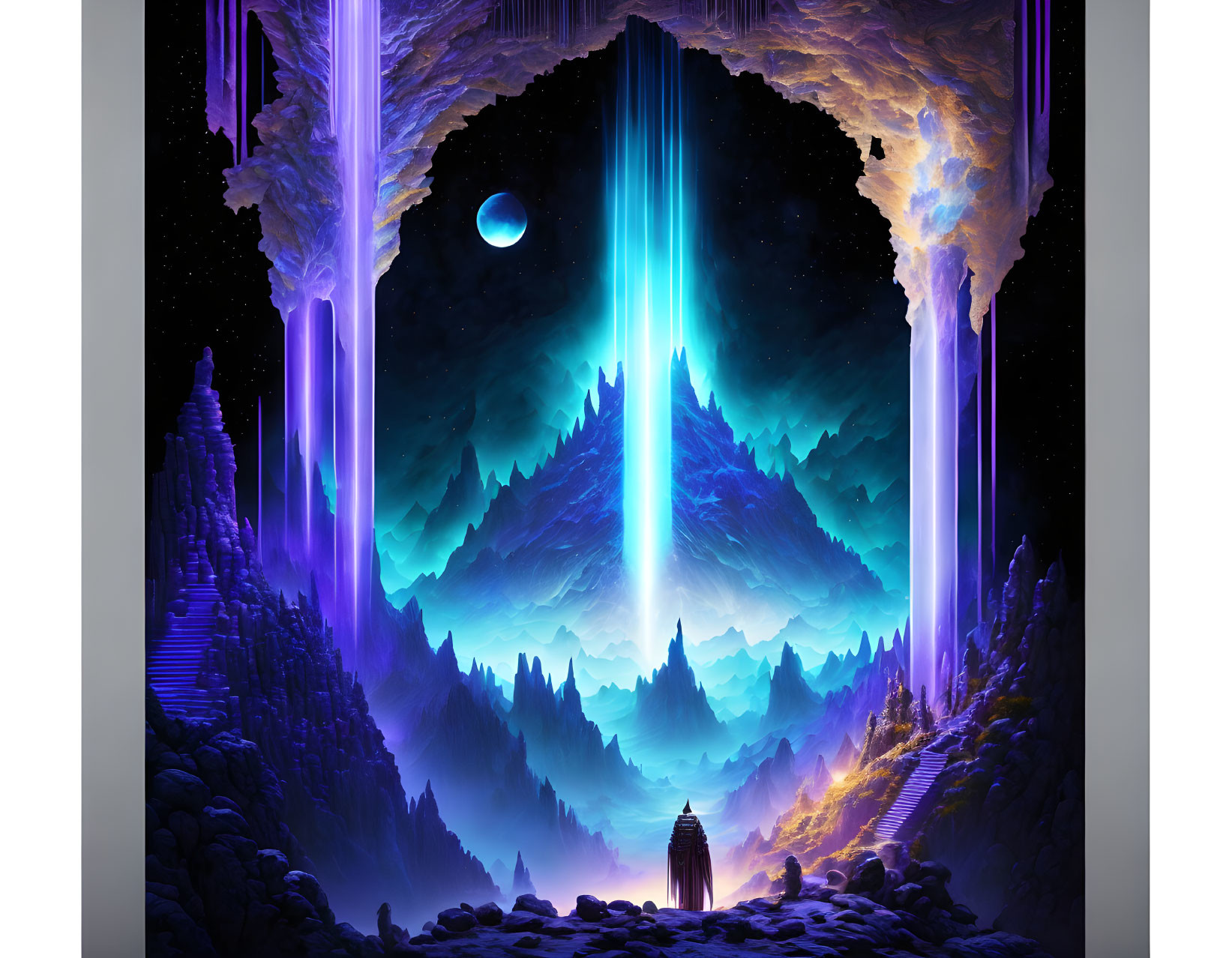 Person standing before towering purple crystals, blue light beam, mountains, and moon