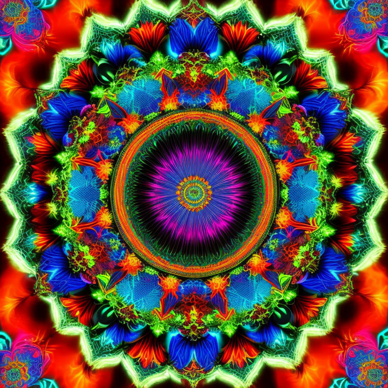 Colorful Circular Floral Kaleidoscopic Pattern in Reds, Blues, and Greens