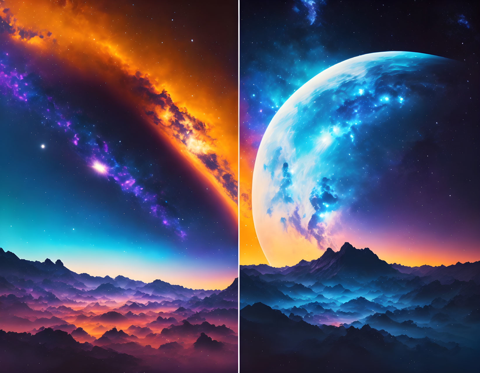 Colorful cosmic scene: starry sky, nebulae, detailed planet, misty mountains