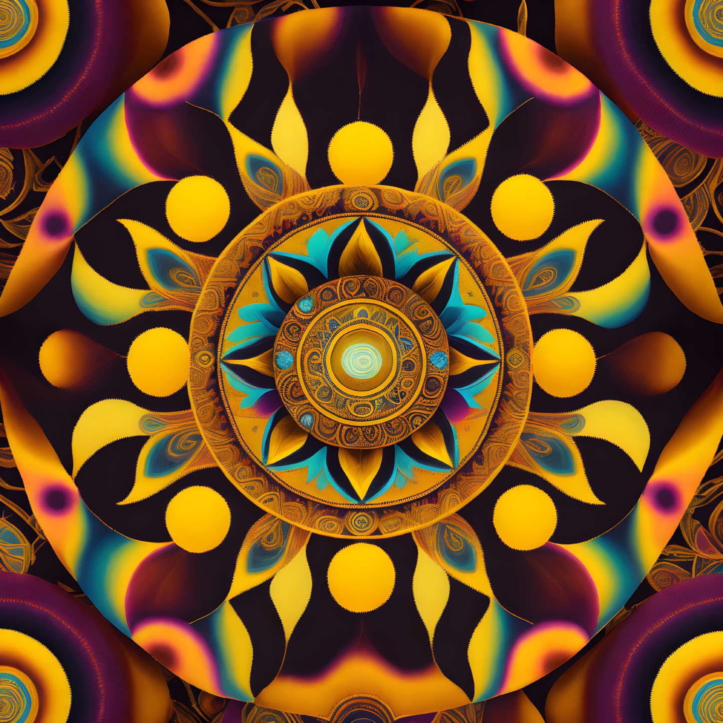 Symmetrical kaleidoscopic image with vibrant yellow, blue, and orange hues.