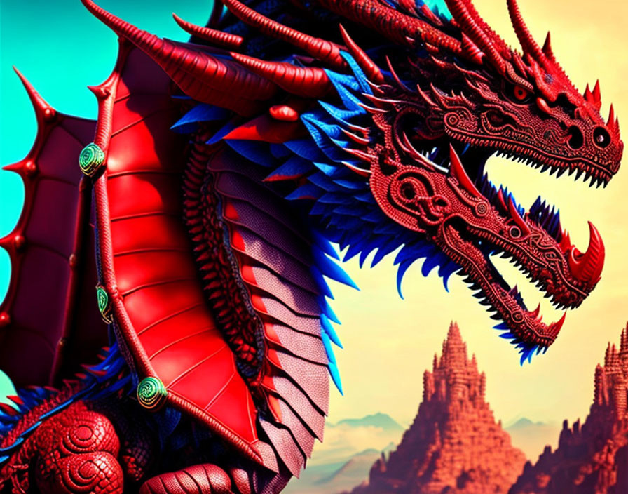 Vibrantly colored dragons with intricate scales in fantasy setting