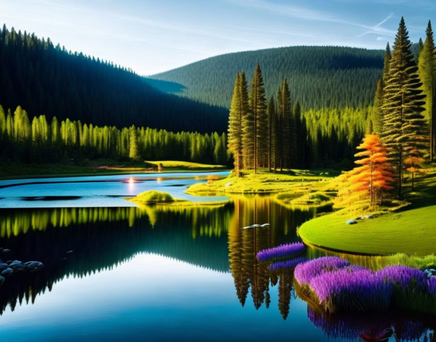 Scenic lake with lush greenery, colorful trees, and forested mountain backdrop