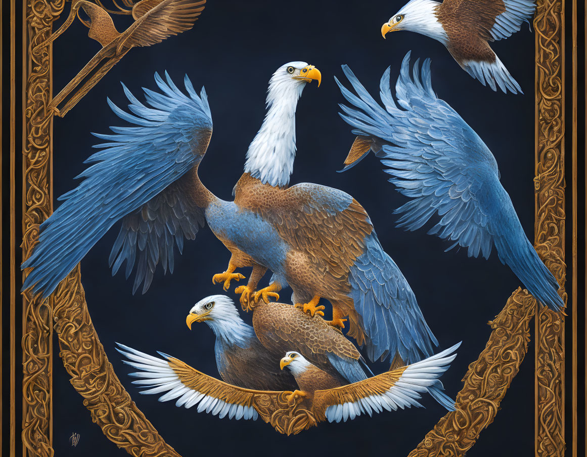 Detailed eagle illustrations on dark background with golden borders