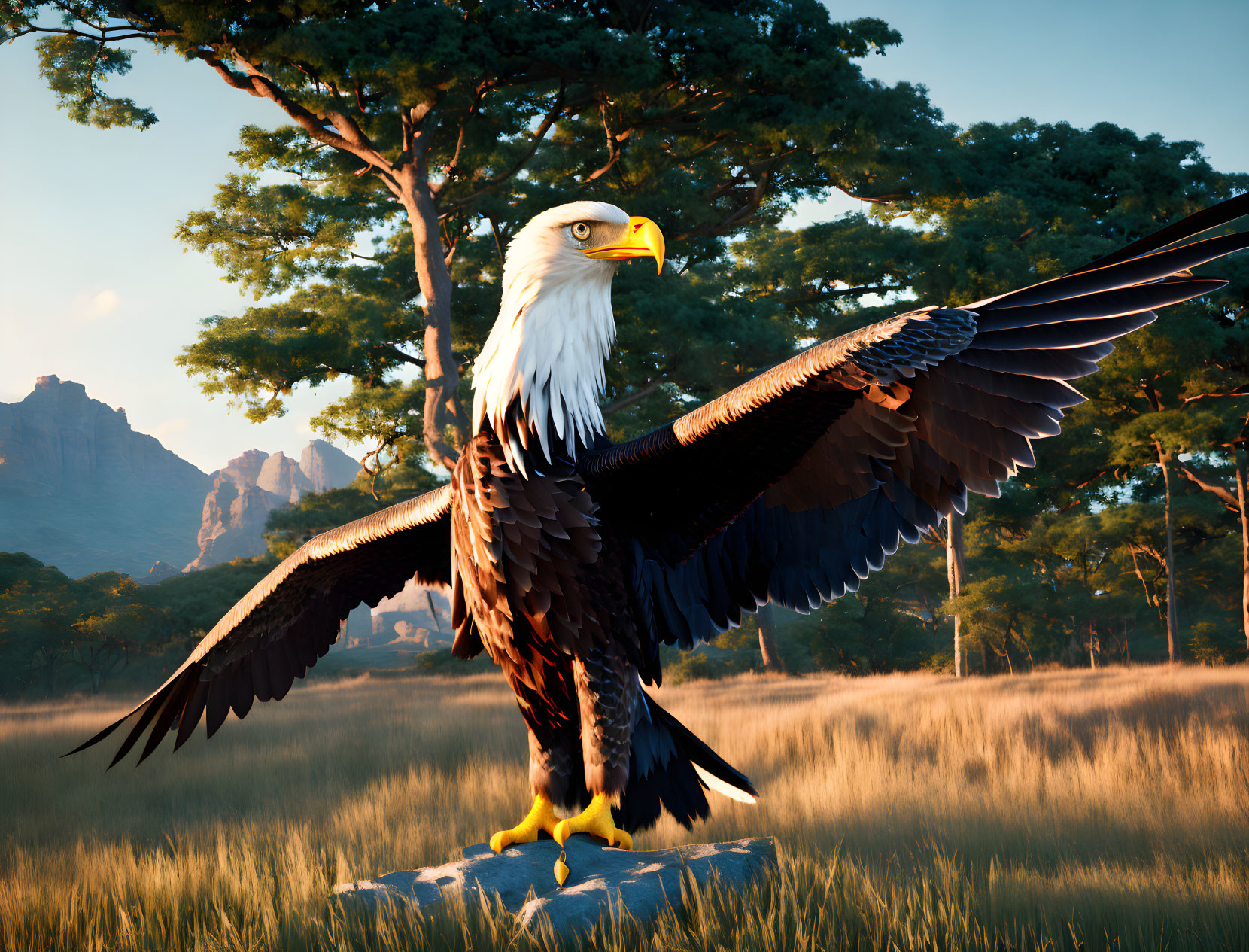 Bald eagle perched on rock with spread wings at sunset