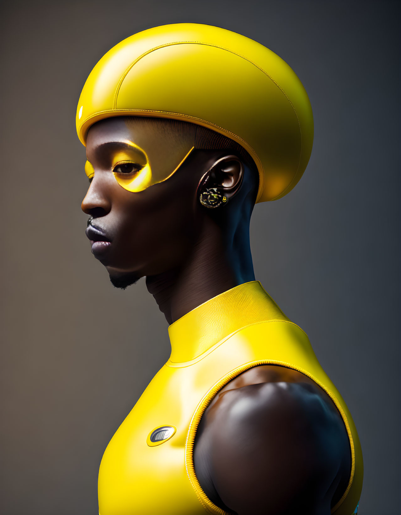 Dark-skinned person in yellow helmet, earrings, and top on grey background