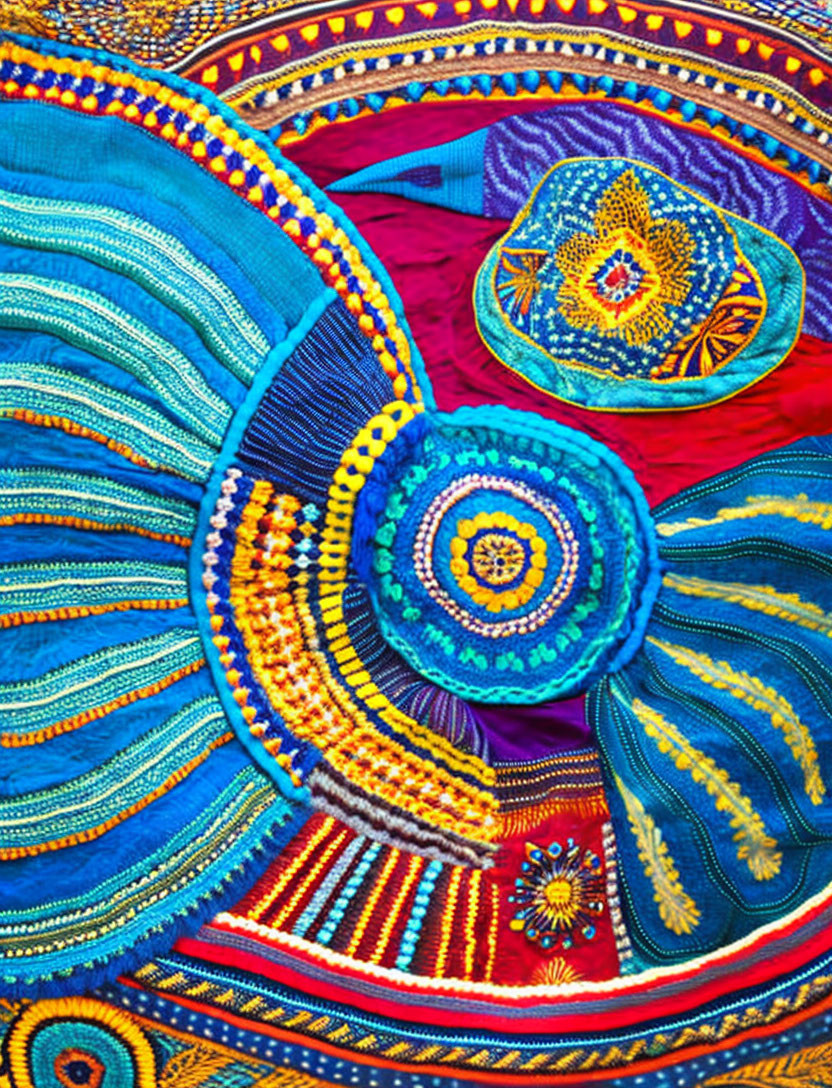 Colorful Embroidered Textile: Blue, Red & Yellow Spirals