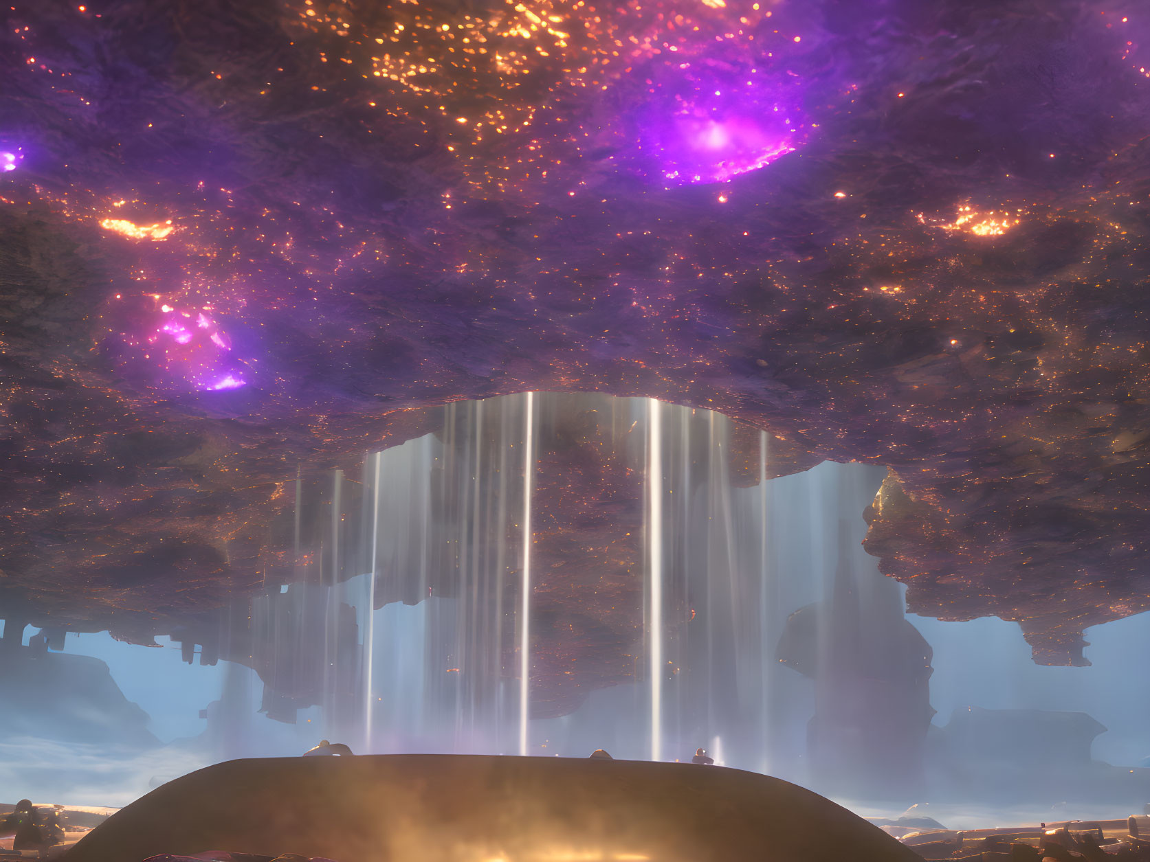 Mystical cavern with purple crystals and stalactites