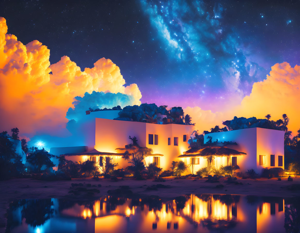 Vibrant surreal nightscape of modern villa under starry sky