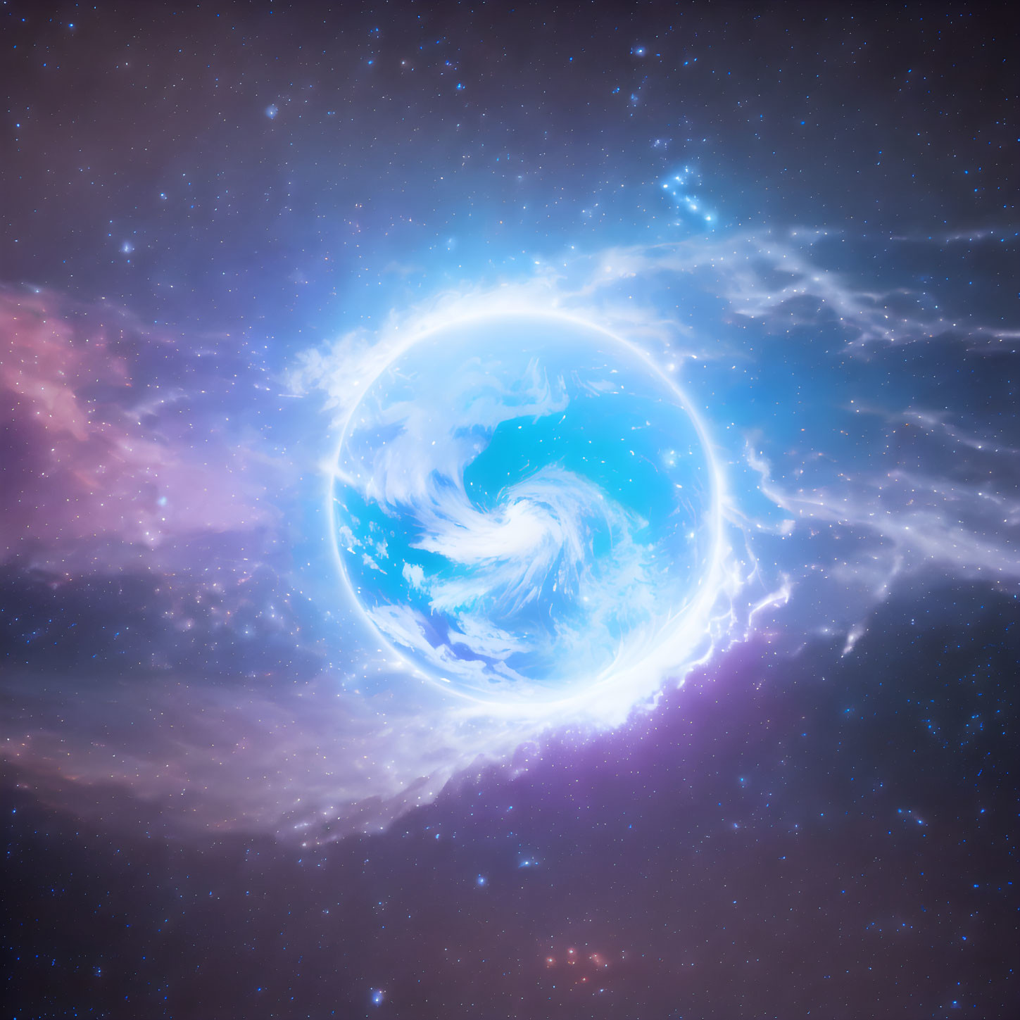 Blue-White Swirling Celestial Body in Star-Filled Nebula