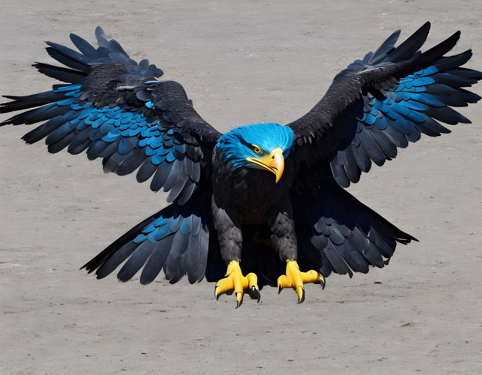 Vibrant blue-headed eagle with yellow beak and black wings on gray background