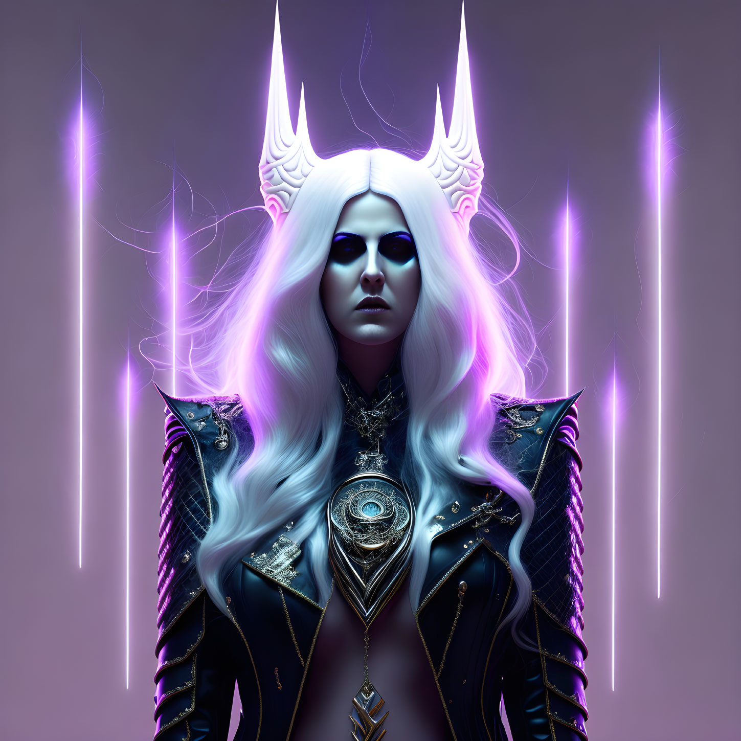 White-Haired Fantasy Character with Purple Eyes and Horned Headdress in Detailed Armor on Neon Purple Background