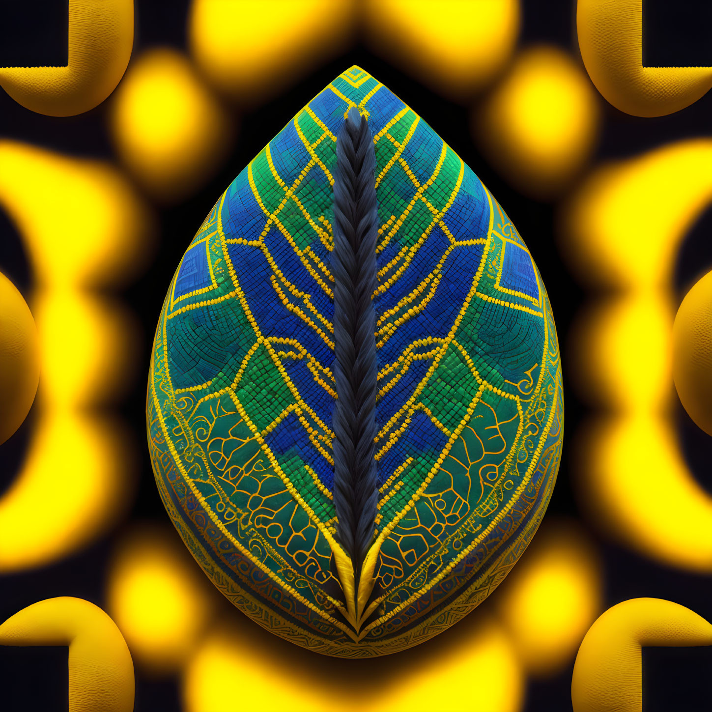 Vibrant multicolored leaf shape with intricate patterns on black background