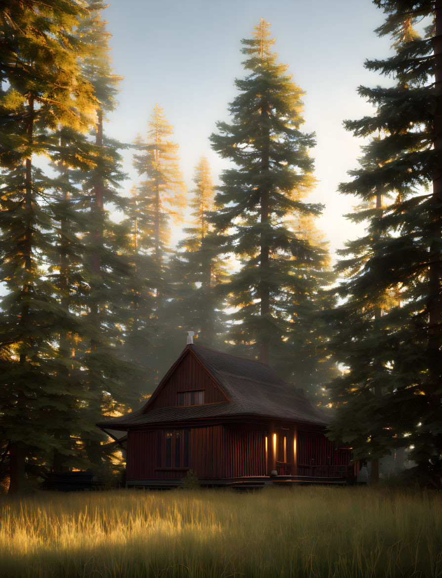 Red Wooden Cottage in Sunlit Forest Clearing with Pine Trees and Mist