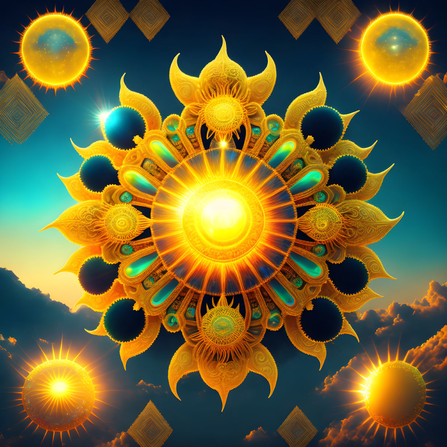 Symmetrical ornate mandala with sun motifs on blue sky.