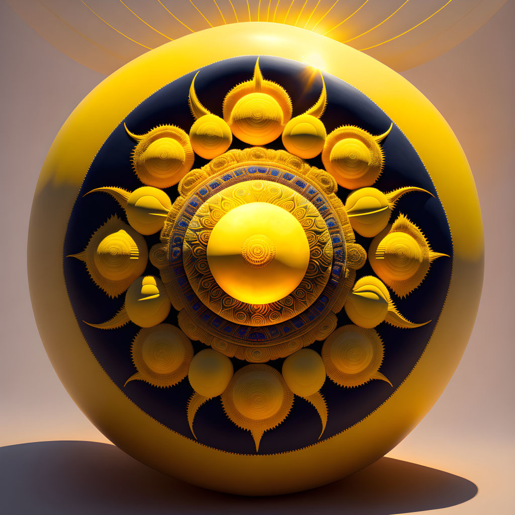 Spherical Golden-Yellow Core Surrounded by Blue and Gold Patterns