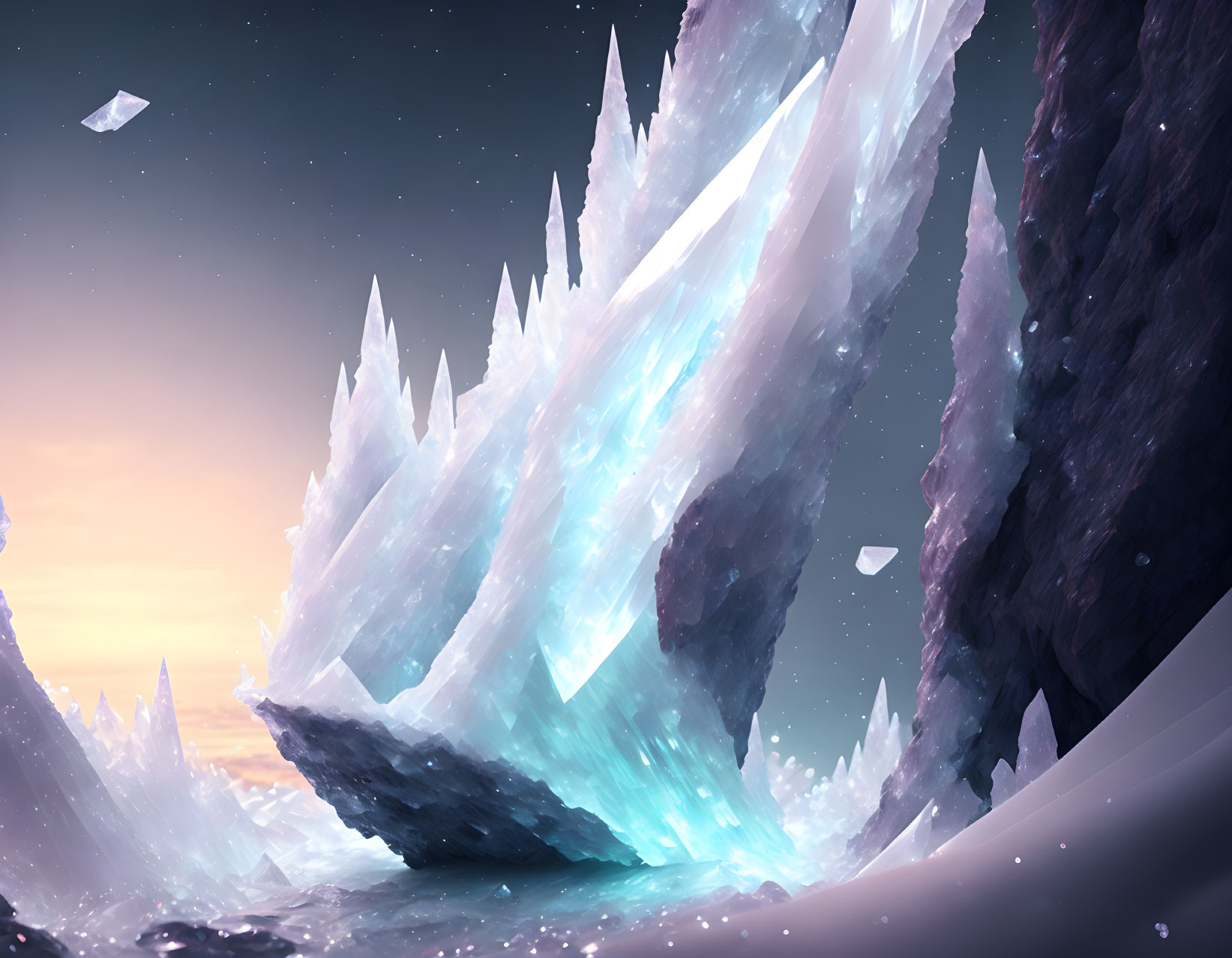 Mystical crystal landscape with jagged ice formations under pastel sunset sky