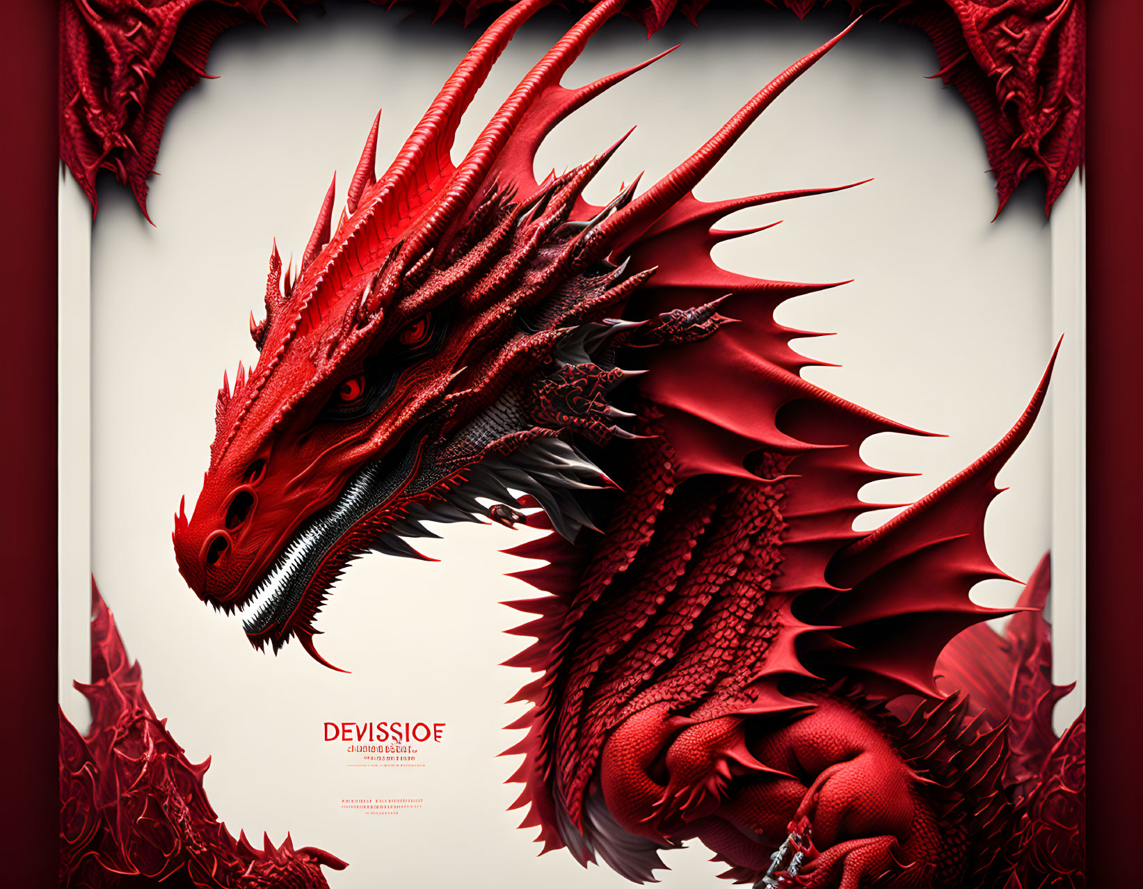 Detailed red dragon illustration with scales, eyes, and horns on abstract background