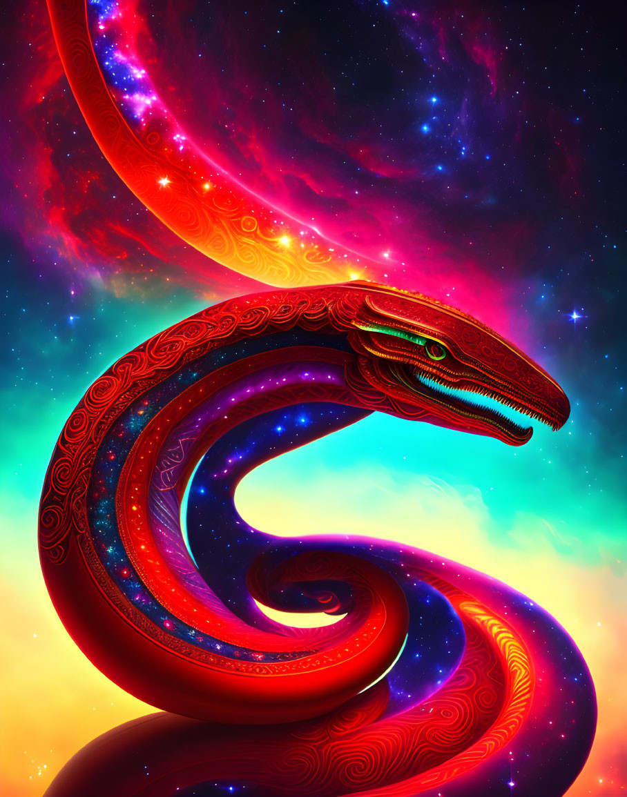 Colorful cosmic serpent gliding through starry nebula