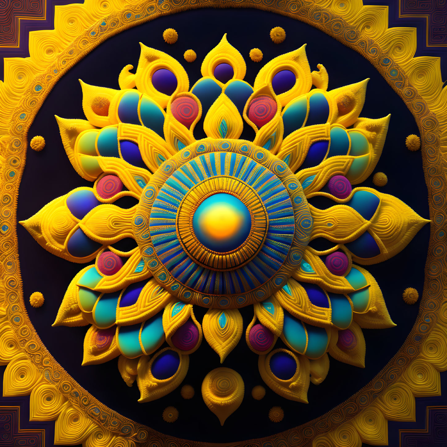 Symmetrical Lotus-Inspired Mandala in Blue, Gold, and Purple