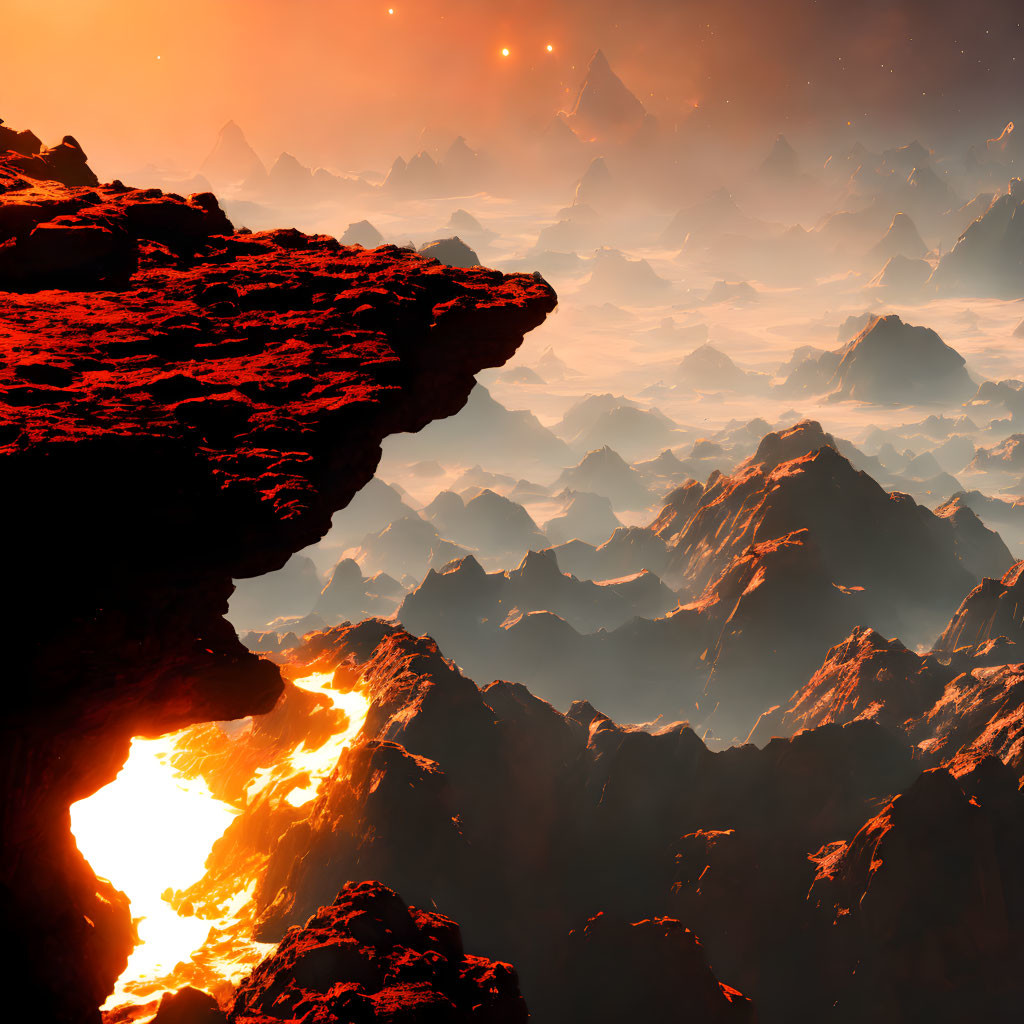 Rugged volcanic mountains under a red-hued sky