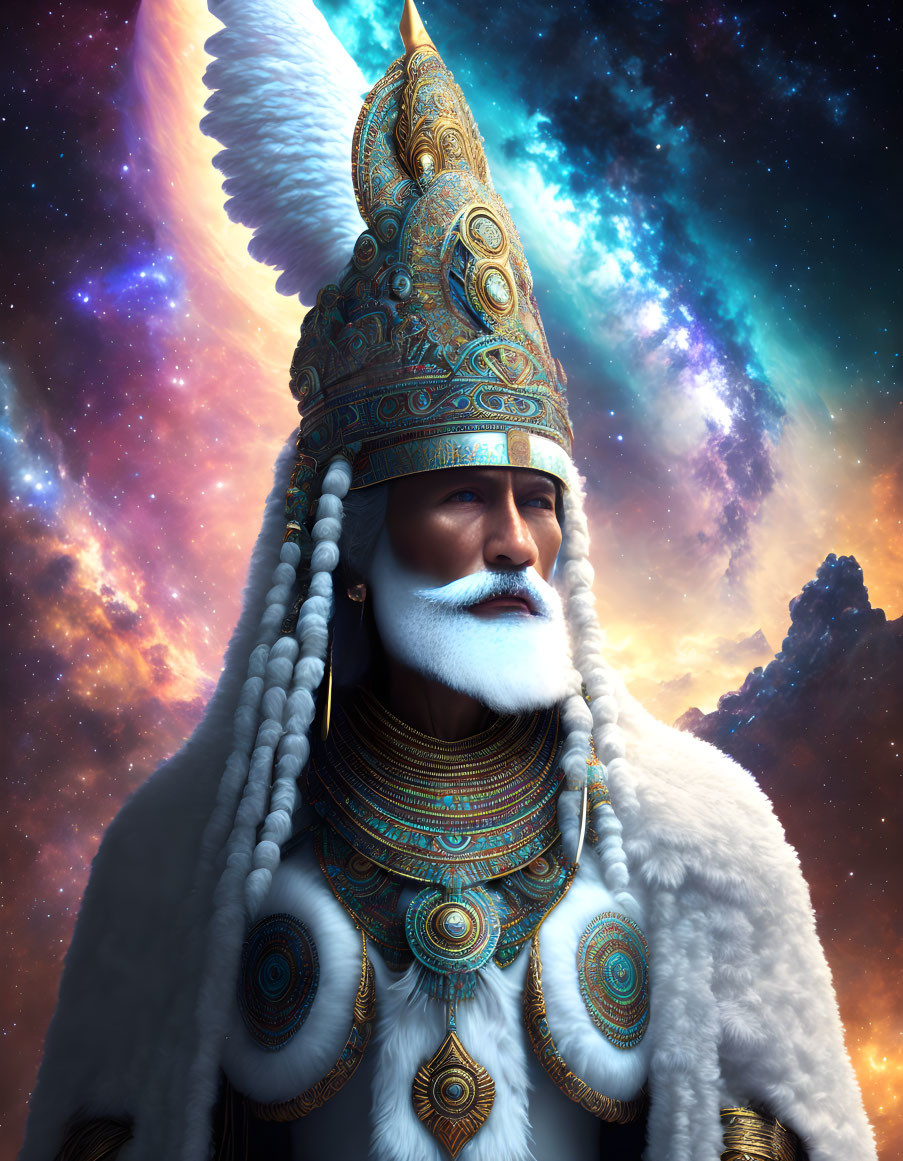 Elder Man in Golden and White Regalia with Cosmic Backdrop