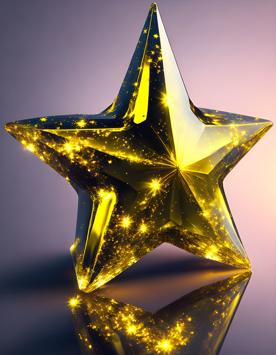 Shimmering golden star on purple gradient background