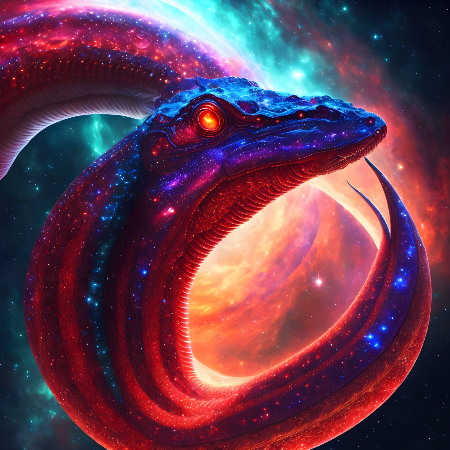 Colorful cosmic serpent with stars, fangs, and red eye in vibrant nebula.