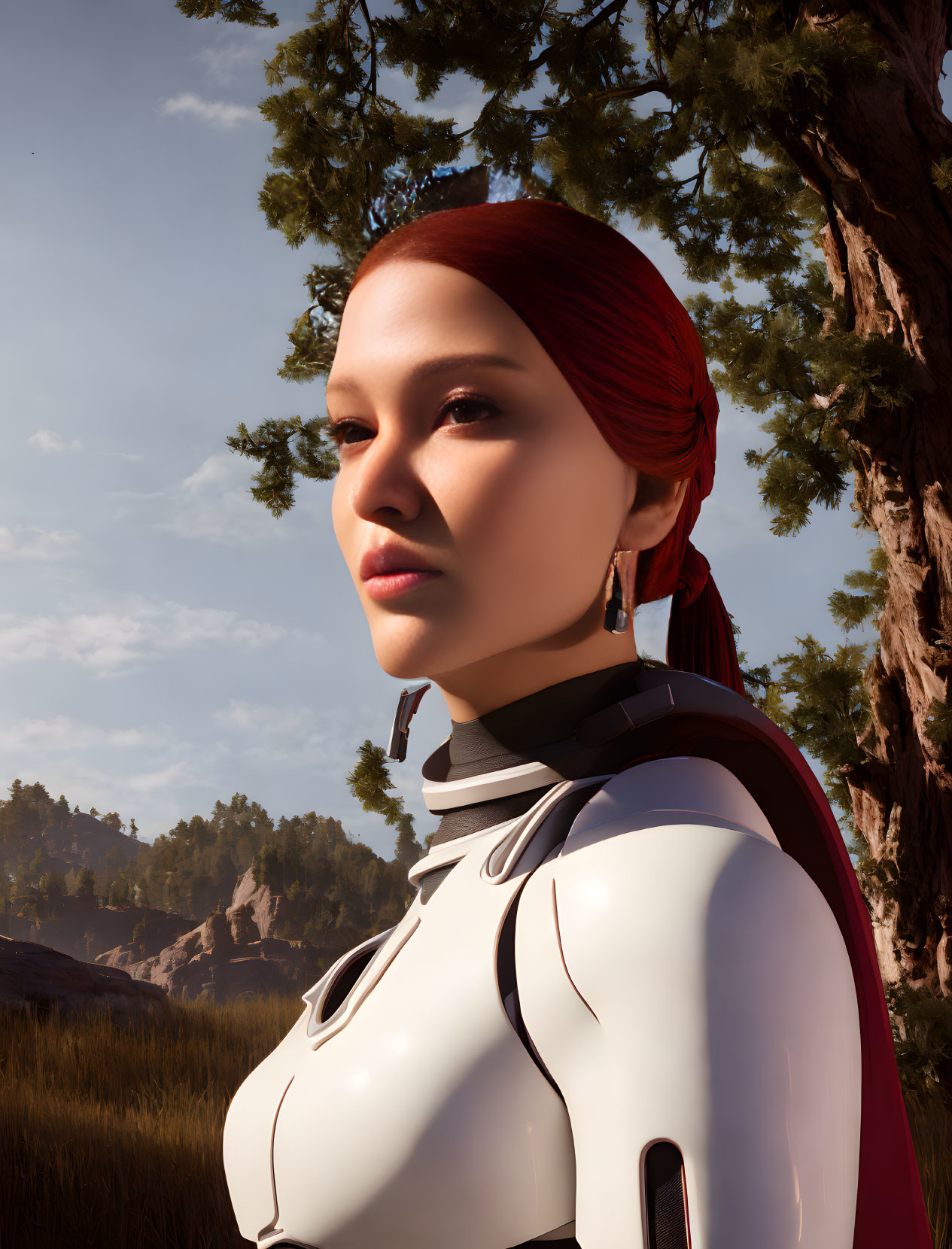 Red-haired woman in futuristic white armor surrounded by trees and clear sky.