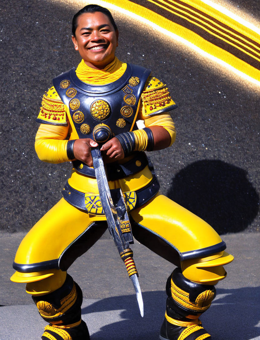 Smiling person in yellow traditional armor with sword on shadow-patterned ground