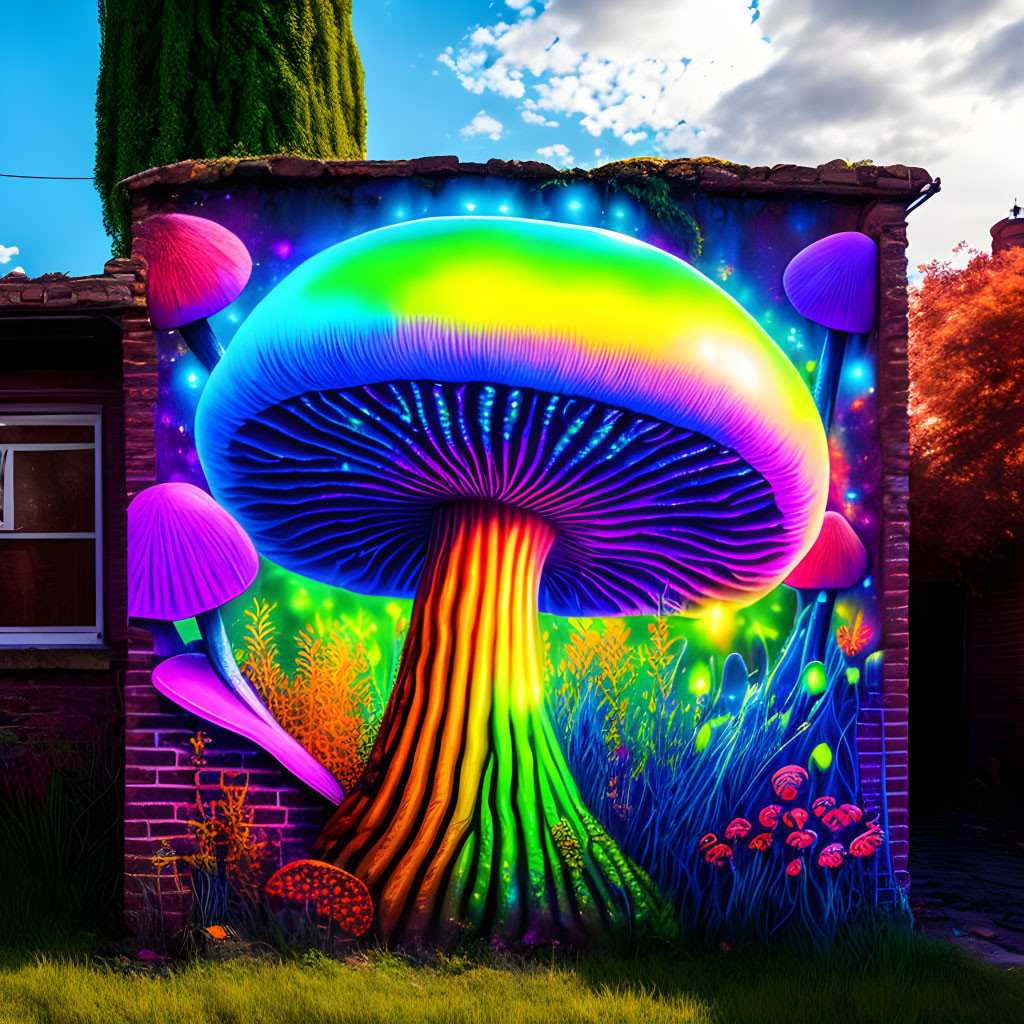 Colorful psychedelic mushroom graffiti on wall with neon details against garden backdrop