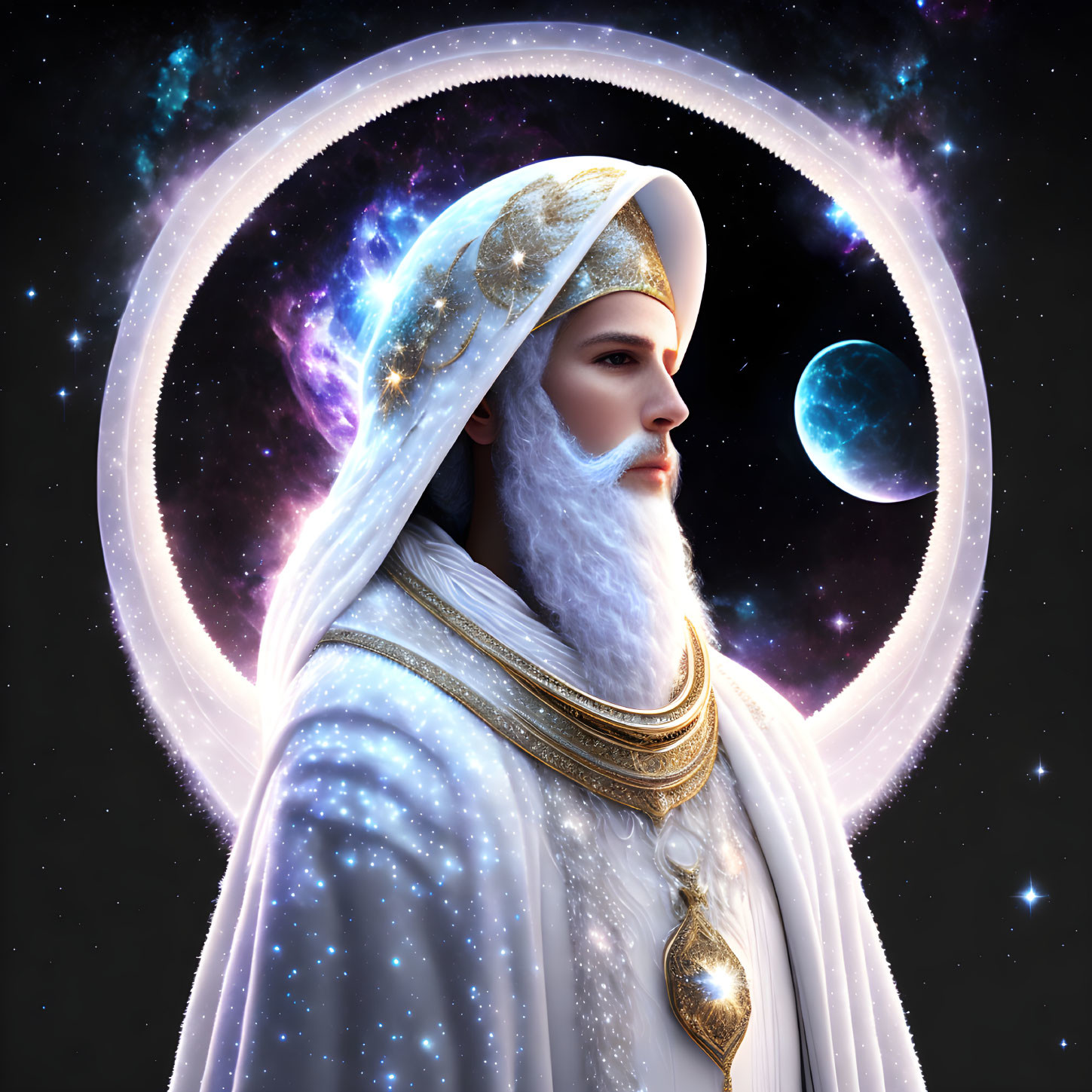 Bearded figure in celestial attire with halo on cosmic backdrop