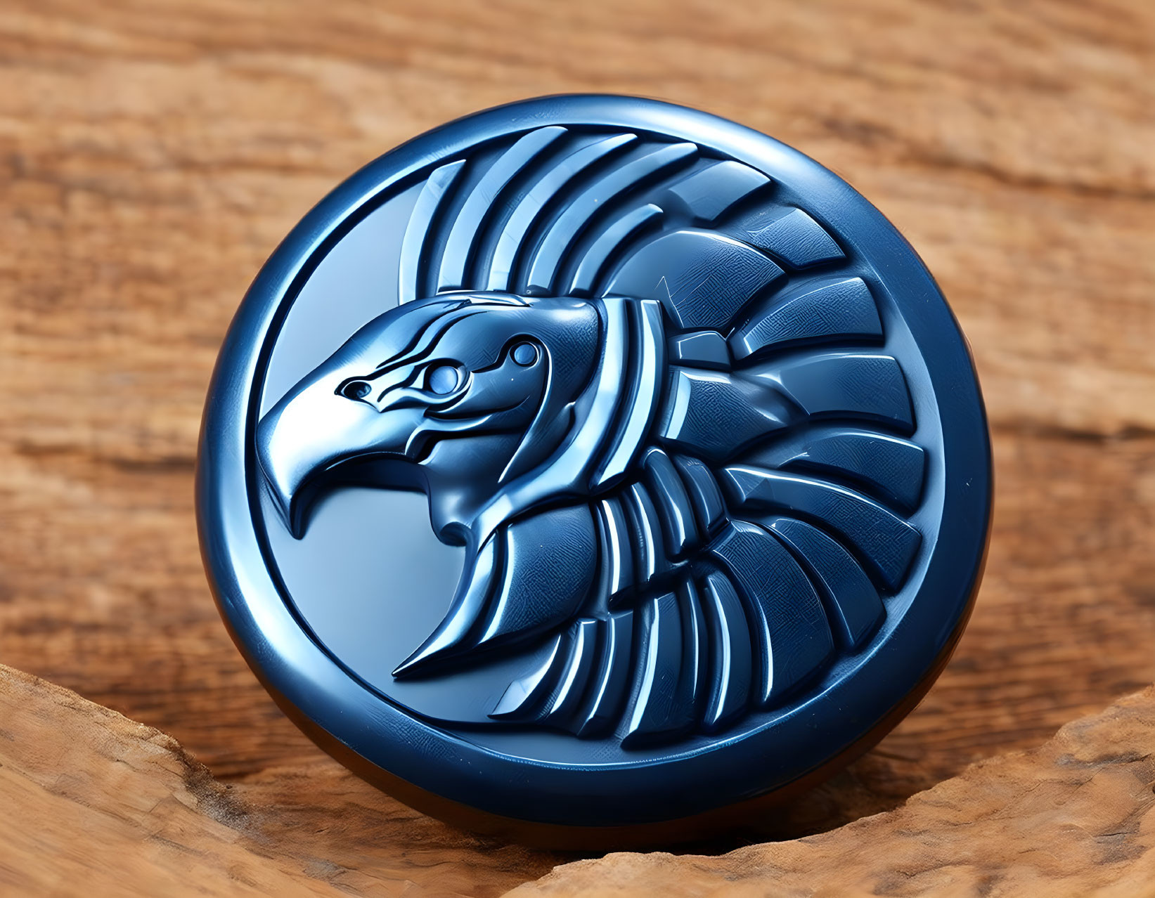 Embossed metal coin with intricate eagle design on wooden surface