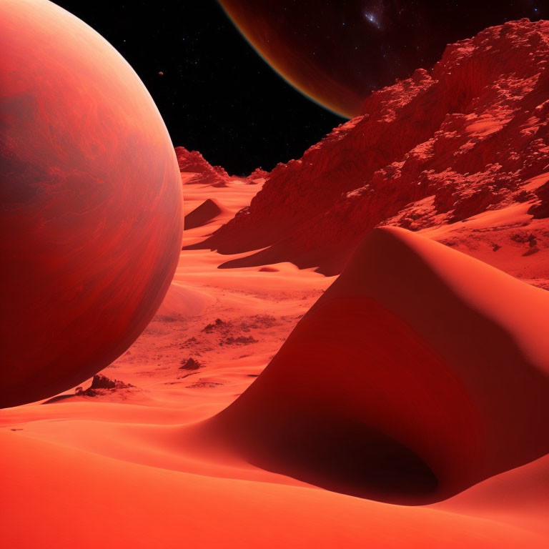 Alien landscape with red sand dunes and celestial bodies