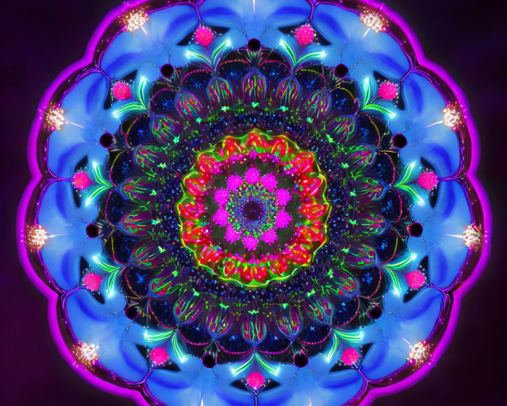 Symmetrical neon mandala with vibrant blues, pinks, and greens on dark background