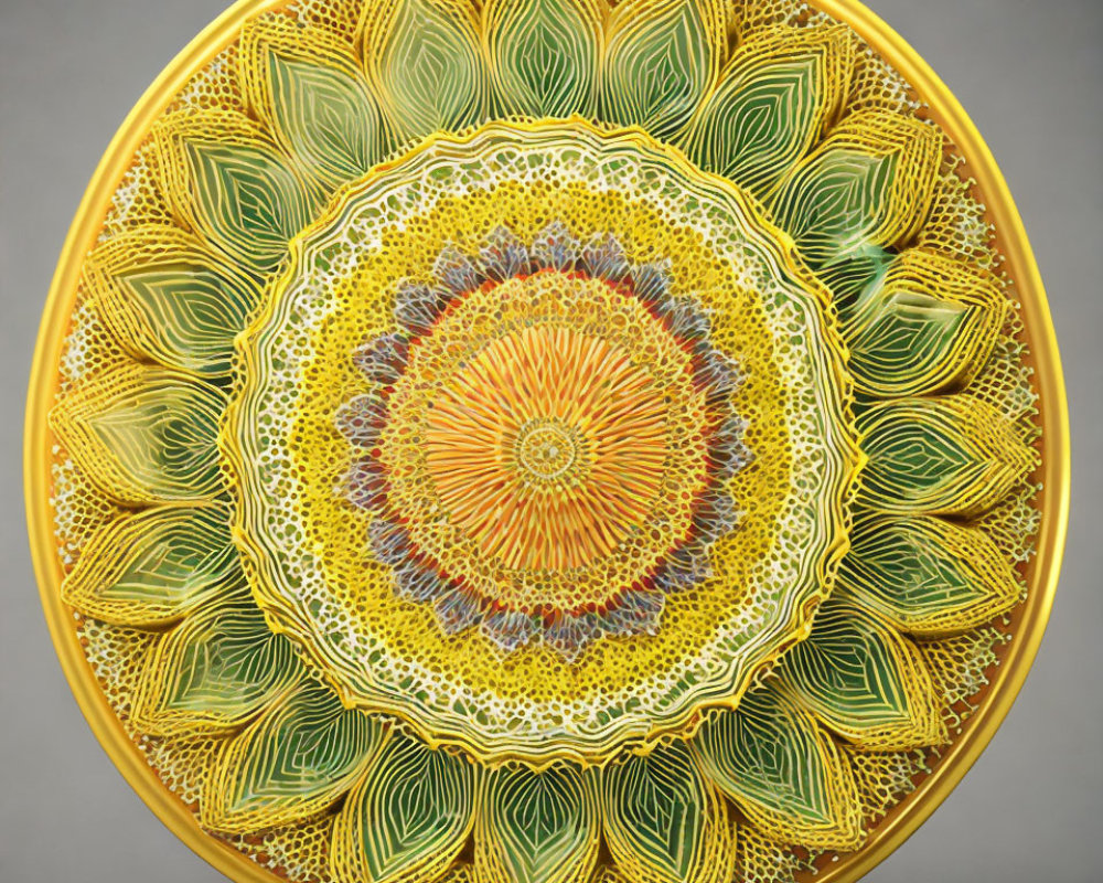 Circular Ornate Plate with Vibrant Yellow and Green Patterns