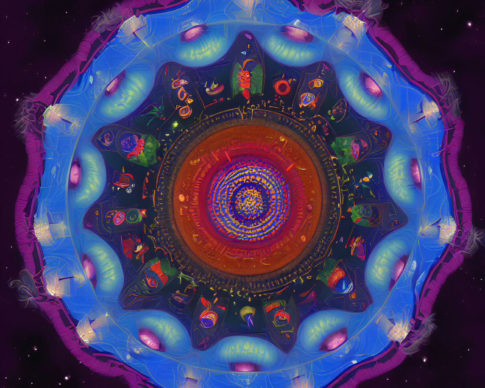 Colorful Digital Mandala with Eye Motif on Cosmic Background