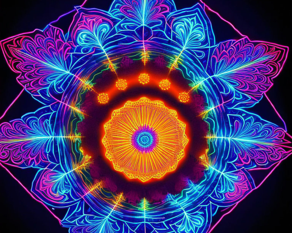 Colorful Neon Mandala with Intricate Patterns on Black Background