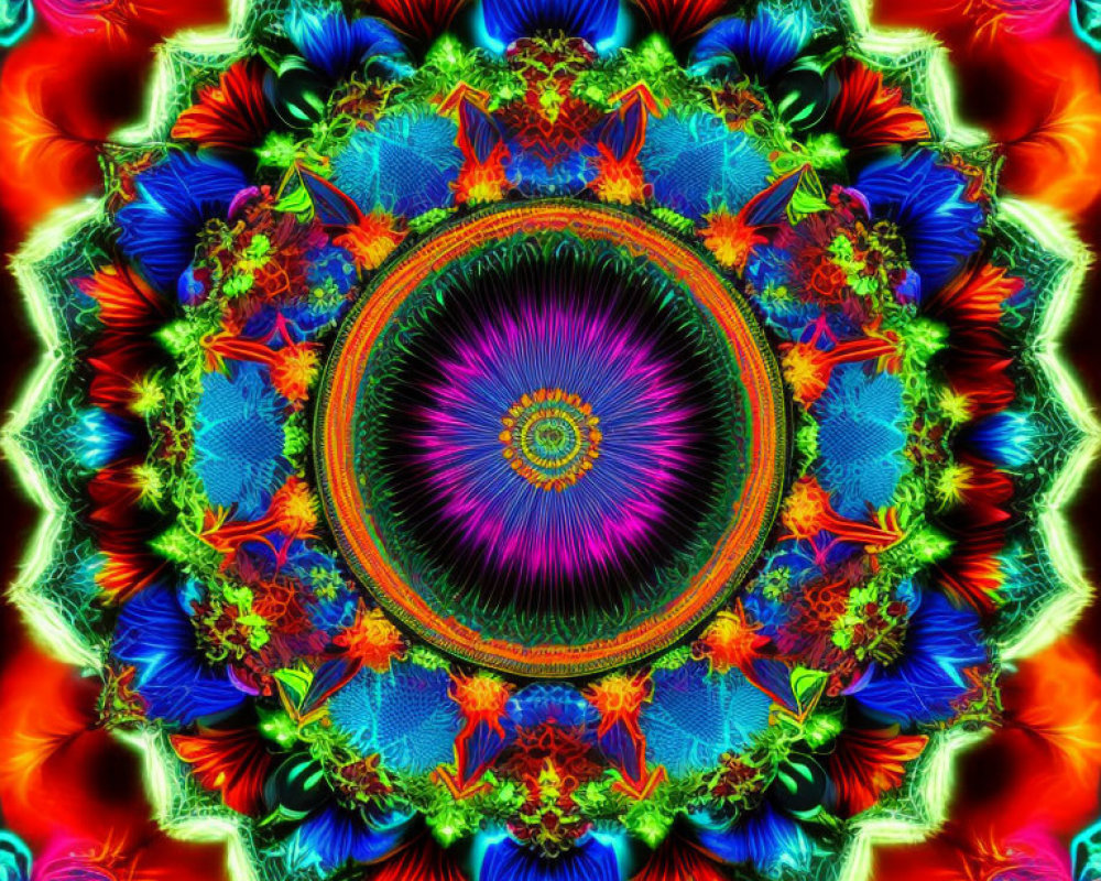 Colorful Circular Floral Kaleidoscopic Pattern in Reds, Blues, and Greens